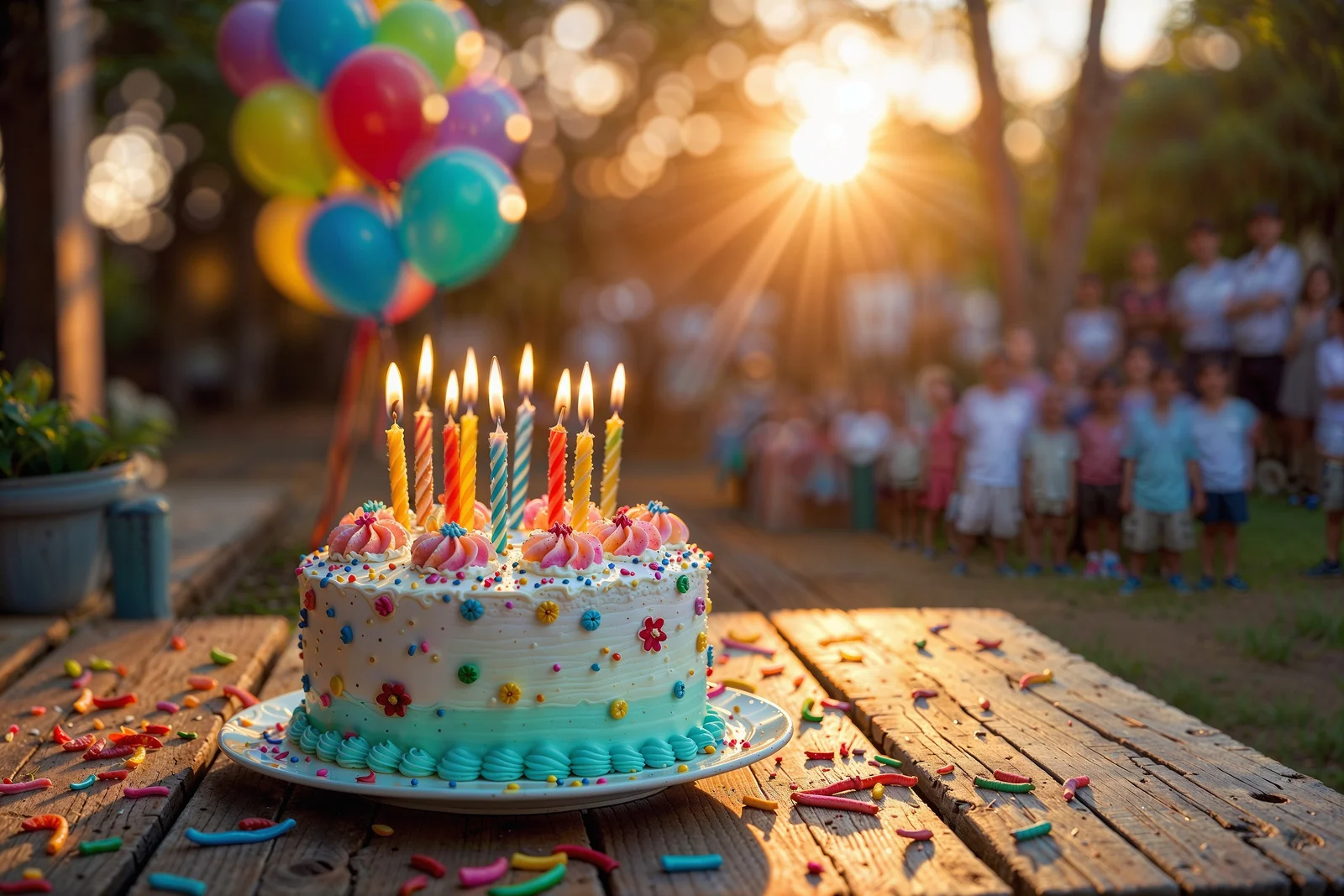 Birthday cake with candles and balloons