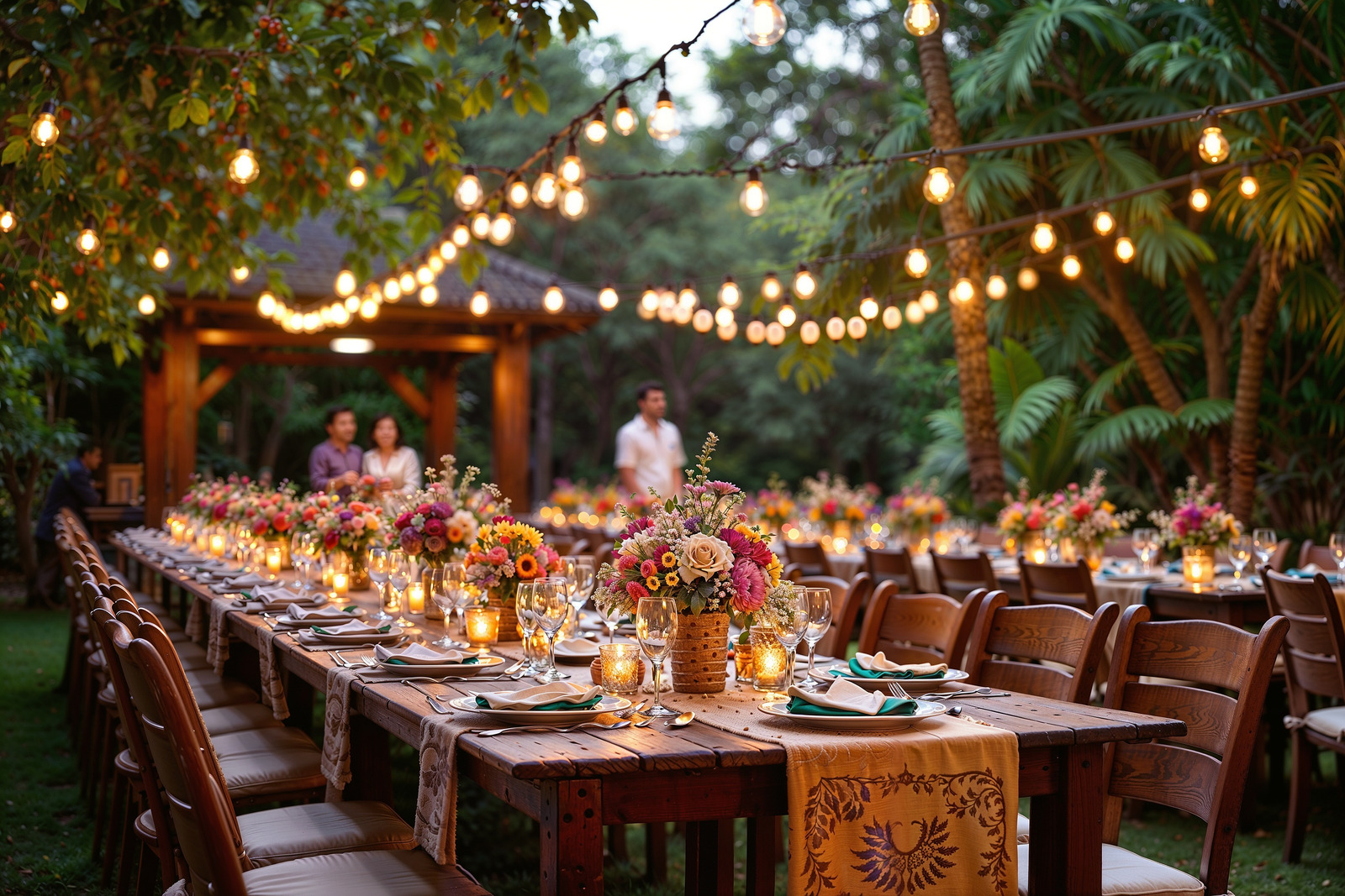Garden party dinner under string lights